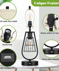 Industrial Touch Table Lamps with USB Port, 3-Way Dimming, featuring metal base, cream fabric shade, and charging port details