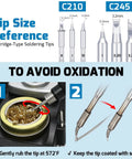 Pro Grade Precision Soldering Iron Station With Temperature Control Preset Channels C to F Conversion Sleep Mode Auto Shutdown Calibration Tools Compatible With C210 Tips For Micro Component Soldering tip size reference chart with C210 and C245 soldering tips