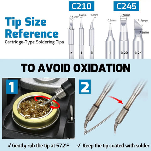 Pro Grade Precision Soldering Iron Station With Temperature Control Preset Channels C to F Conversion Sleep Mode Auto Shutdown Calibration Tools Compatible With C210 Tips For Micro Component Soldering tip size reference chart with C210 and C245 soldering tips