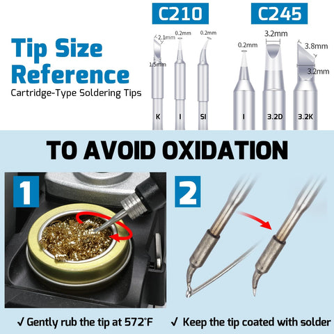 Tip size reference for C210 and C245 cartridges used with 2 In 1 Soldering Station And Hot Air Rework Station Beast Mode Heavy Duty 1000W Kit.