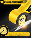 Close-up of Cordless Electric Scissors With LED Light For Precise Cutting showing titanium-coated blade and safety features.