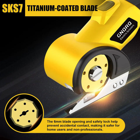 Close-up of Cordless Electric Scissors With LED Light For Precise Cutting showing titanium-coated blade and safety features.