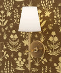 Top Tier Brown Floral Wallpaper With Shimmering Metallic Gold Foil Texture Easy Apply Ready To Hang featuring a gold wall sconce.