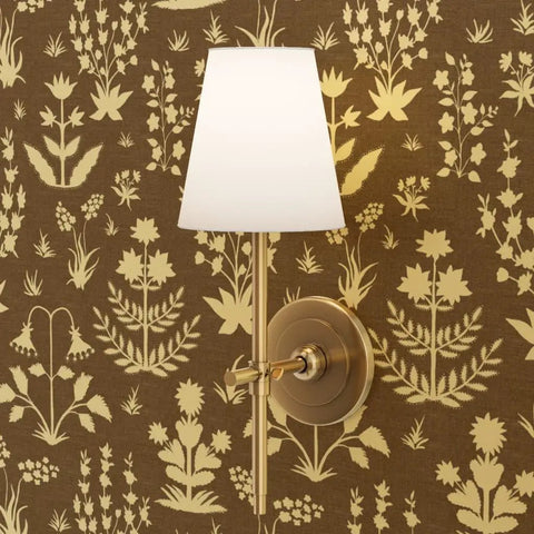 Top Tier Brown Floral Wallpaper With Shimmering Metallic Gold Foil Texture Easy Apply Ready To Hang featuring a gold wall sconce.