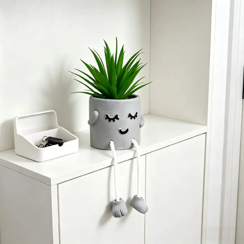 Small Artificial Plant In Cement Pot With Hanging Leg For Home Office Decor Realistic Faux Succulents On White Shelf