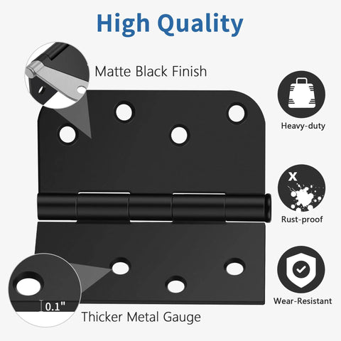 3 Pack Matte Black Door Hinges 4 Inch With Heavy Duty Iron Frame Including Installation Screws For Exterior Entry Doors, close-up view showing rust-proof details.