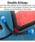 Close-up of inflatable wing foil's dual airbag connection with blue valves, showcasing durable build for water sports.