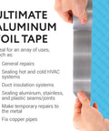 Aluminum foil duct tape roll, silver, being pulled by hands (front view).