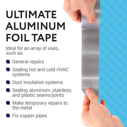 Aluminum foil duct tape roll, silver, being pulled by hands (front view).