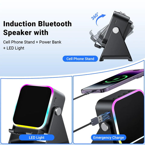 Induction And Bluetooth 5.3 Speaker With Phone Stand 5 In 1 Wireless Audio for iPhone and Android Rechargeable Colorful Light Amplifier