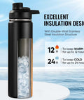 24 Oz Insulated Water Bottle With Handle, 304 Stainless Steel, Wide Mouth, Double Wall Vacuum, BPA Free, Black, cold and hot duration shown