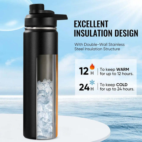 24 Oz Insulated Water Bottle With Handle, 304 Stainless Steel, Wide Mouth, Double Wall Vacuum, BPA Free, Black, cold and hot duration shown