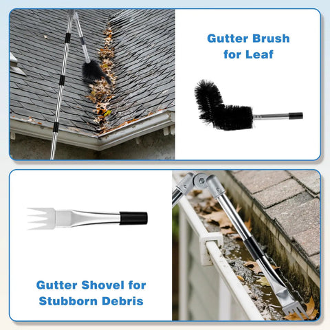 13 Foot Reach Gutter Cleaning Tool With No Ladder Needed Adjustable Pole 180 Degree Pivot Head Replaceable Brush And Shovel