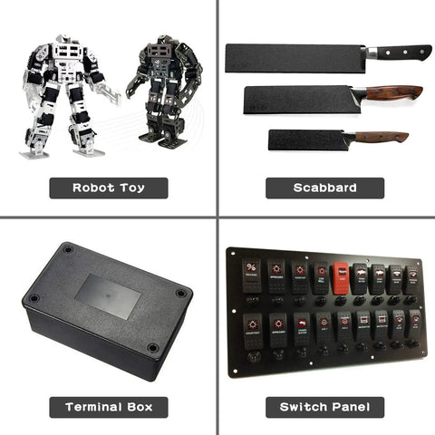 Collage with robot toy, knife scabbard, terminal box, and switch panel displayed in separate sections