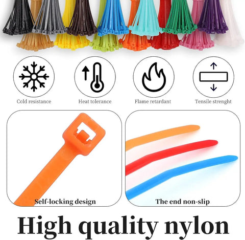 Multicolor 1200 Piece Zip Ties Set With 12 Colors showing self-locking 4 inch nylon ties with non-slip ends