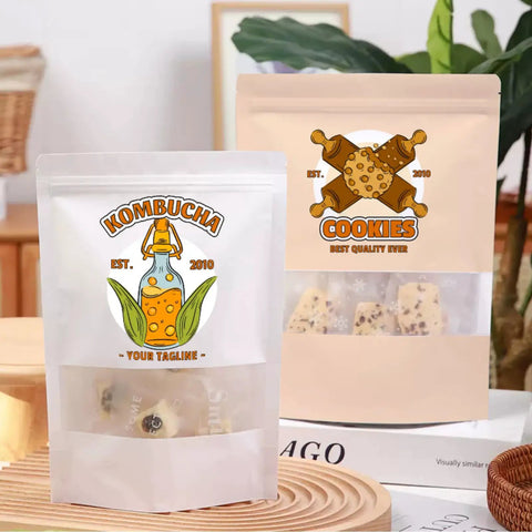 Custom Print Kraft Paper Bags With Window Stand Up Zipper Lock Pouch For Snacks, Tea, Coffee Reusable Packaging For Small Biz