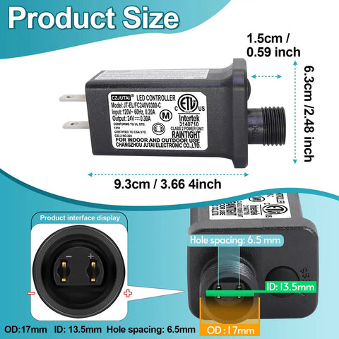 24V 0.3A LED Transformer Power Supply With 8 Modes IP44 Waterproof Low Voltage Class 2 Transformer US Plug, dimensions shown