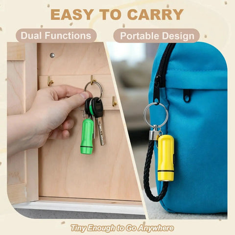 Mini LED Flashlight Keychain 24 Pack Bulk Assorted Colors for Hiking Camping Parties Night Reading Kids Emergency Prep Hunting and Everyday Carry Tiny Portable Pocket Light attached to keychain and backpack