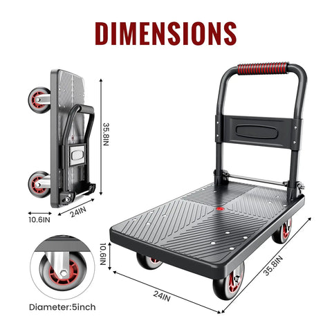 Upgraded Foldable Push Cart Dolly With 660 Lb Capacity Heavy Duty Moving Platform Hand Truck For Easy Haul, Space Saving Collapsible Utility Cart That Stows Flat In Tight Spaces And Handles Heavy Loads. Dimensions diagram with 5-inch wheels, 35.8x24x10.6 in