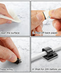 Installation steps for Adhesive Cable Clips Organizer Set For Office And Home, showing cleaning surface, peeling paper, pressing clip, mounted cable