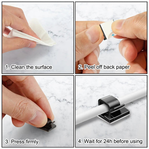 Installation steps for Adhesive Cable Clips Organizer Set For Office And Home, showing cleaning surface, peeling paper, pressing clip, mounted cable