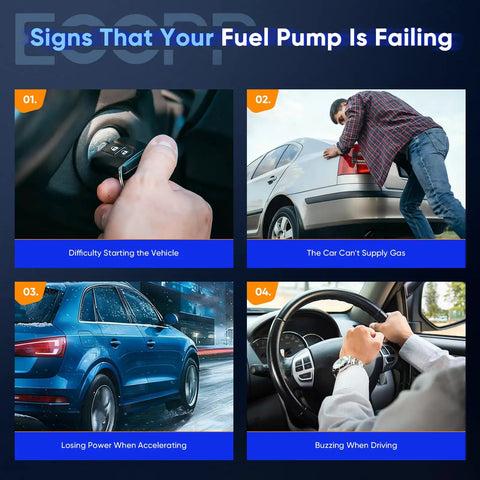 Signs of a failing fuel pump: difficulty starting, supply issues, power loss, buzzing noise.