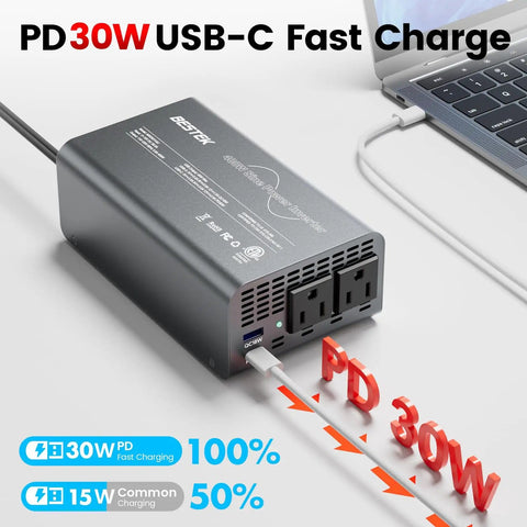Beast 400W Pure Sine Wave Car Inverter with PD 30W USB-C fast charge near laptop for travel and emergency power