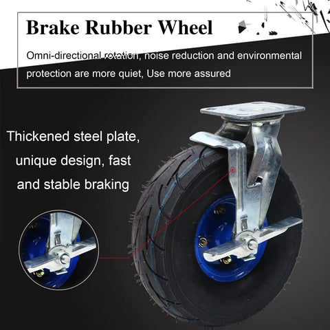 Heavy Duty Swivel Plate Casters With Thick Rubber Tires And Reliable Side Lock Brakes 4 Pack close-up of brake rubber wheel design.