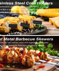Ultimate 26 Piece Stainless Steel BBQ Grill Tools Set With Storage Bag For Fathers Day Gifts including corn holders and skewers.