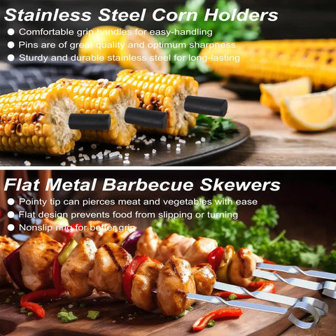 Ultimate 26 Piece Stainless Steel BBQ Grill Tools Set With Storage Bag For Fathers Day Gifts including corn holders and skewers.