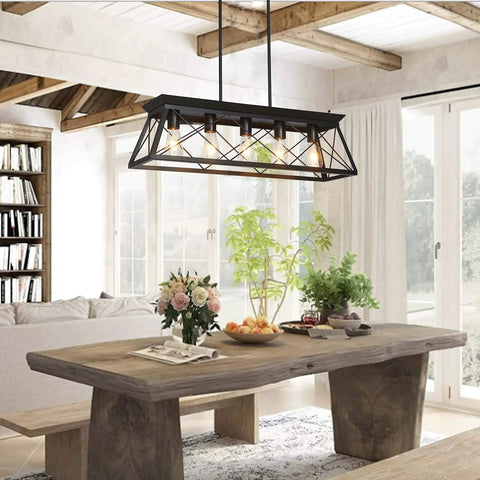 Five Light Farmhouse Pendant Ceiling Fixture For Dining Room Over Table And Kitchen Island Modern Black Chandelier With Warm Soft Glow
