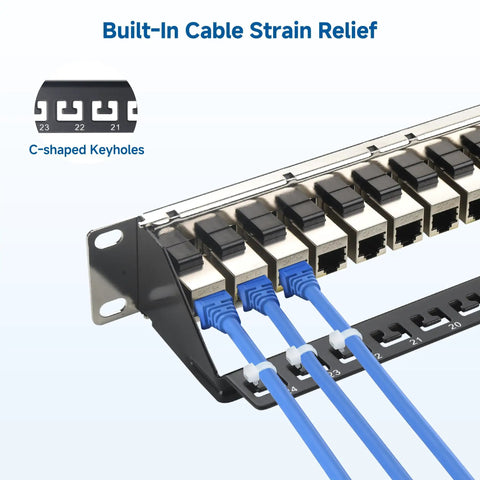 1U 24 Port Cat6A Patch Panel With Inline Keystone, Cable Management Bar, STP Shielding, rackmount or wall mount for PoE networks