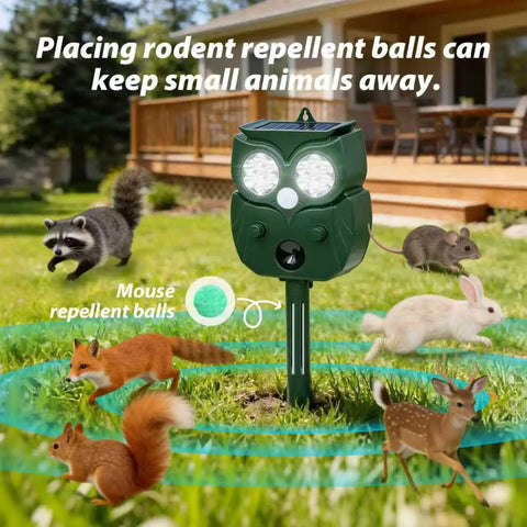 Solar Owl Motion Sensor Deterrent With Ultrasonic Sound And LED Flash Alerts For Outdoor Use Protect Your Garden Yard Patio And Perimeter From Pests Easy Setup Motion Activated Safe For Pets, green owl stake in lawn