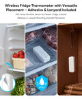 WiFi Freezer Thermometer With App Alerts And Two Wireless Fridge Sensors For Real Time Temperature Monitoring, Waterproof IP65 Probes, Instant Phone Notifications If Temperatures Go Out Of Range on fridge, freezer, and cabinet