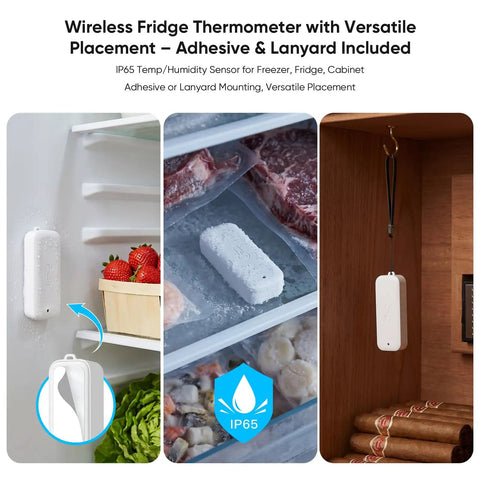WiFi Freezer Thermometer With App Alerts And Two Wireless Fridge Sensors For Real Time Temperature Monitoring, Waterproof IP65 Probes, Instant Phone Notifications If Temperatures Go Out Of Range on fridge, freezer, and cabinet