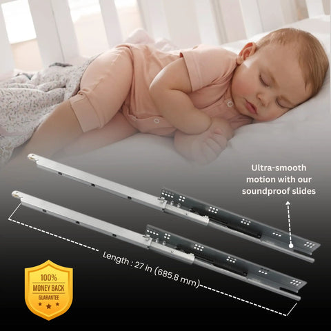 Heavy Duty Undermount Soft Close Drawer Slides Pack Of Two Cold Rolled Steel With Triple Locking And Six Way Adjustable Concealed Tracks Built Tough For One Hundred Pound Loads Smooth As Butter Operation displayed with a sleeping baby.