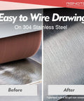 Non-Woven Wheel 120x100mm Set For Metal Polishing, Wire Drawing Satin Finish shown on stainless steel before and after