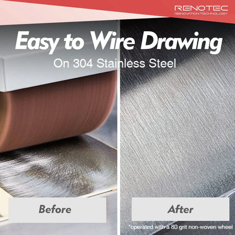 Non-Woven Wheel 120x100mm Set For Metal Polishing, Wire Drawing Satin Finish shown on stainless steel before and after