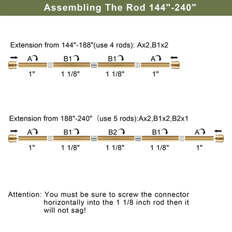 Diagram showing assembly of Telescoping One And One Eighth Inch Curtain Rod Set, extending from 144 to 240 inches.
