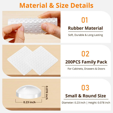 Clear Corner Cabinet Door Bumpers And Drawer Stopper Pads Silica Gel Shields Halt Knock Backs While Quieting Thuds For Zero Fuss Organization And Hassle Free Storage Without The Daily Annoyance Click: Rubber material, 200PCS pack, small round size.