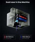 xTool F1 2-in-1 dual laser engraver cutaway view showing infrared 1064nm laser and blue 455nm laser modules