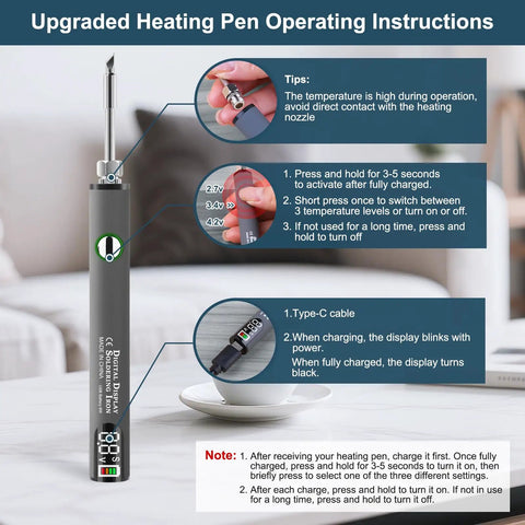 Upgraded Heating Pen instructions showing operating tips, charging info, and temperature settings for easy repair. Knock Out Those Stubborn Scratches On Laminate Or Vinyl Wood Floors With This Hassle Free Repair Kit Including A Heat Pen Eleven Wax Sticks And Dual Tip Markers For A Smooth Furniture Touch Up.
