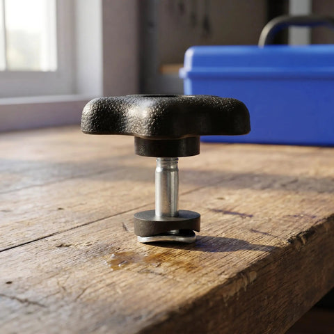Pro Grade Star Hand Knob With Threaded Adjustment Handle Set on wooden surface