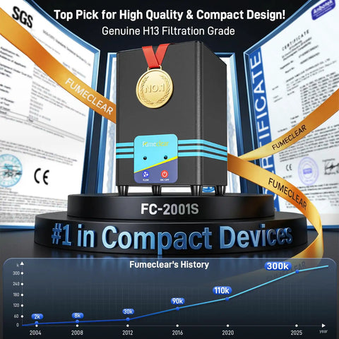 Solder Fume Extractor With 128 To 168 Cubic Meters Per Hour Suction for hand soldering awarded best compact design with certifications.