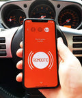 Smart Garage Door Opener With WiFi And Bluetooth, Control From iPhone And Android Apps, Works With HomeKit, Alexa, Google Home, SmartThings, And Siri Shortcuts, Plug And Play Sensor And Power Adapter, 5V DC displayed on smartphone screen in car.