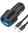 45W PD USB C Car Charger With QC3 Dual 12V Lighter Ports And Three Foot Type C Cable Fast Charge For iPhone 17 Pro Max Air 16 15