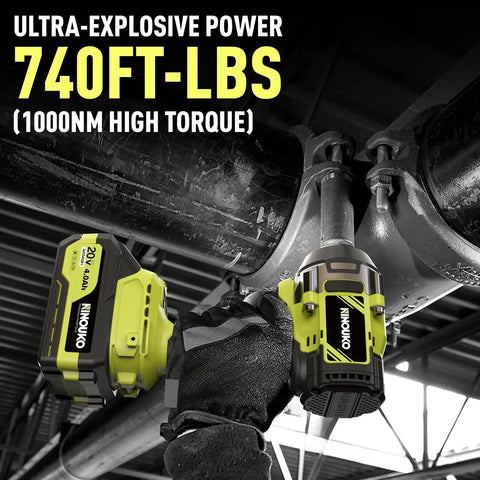Beefy Half Inch Cordless Impact Wrench With 295 Ft Lbs Torque, Brushless Motor, 4Ah Battery showing 740 Ft-Lbs power