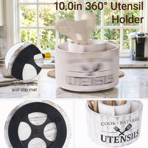 Extra Large 10 Inch Kitchen Utensil Holder With Slick 360 Degree Lazy Susan Spin, modern design with rubber anti-slip base.