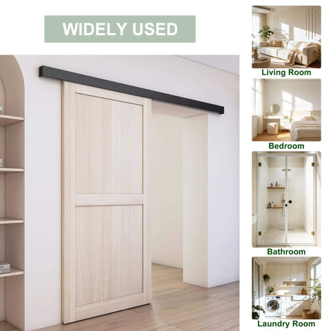 Low Clearance 4 Ft Barn Door Hardware Kit With Aluminum Box Rail Track Heavy Duty Sliding Door System shown installed on wooden door