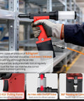 Professional Pneumatic Rivet Nut Gun Featuring Automatic Self Suction Loading And Four Quick Swap Nosepieces For Smooth Single Hand Operation On All Your Auto And Metal Fab Builds, shown in use with orange air hose and detailed tool components.